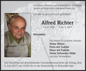 Traueranzeige von Alfred Richter von Neustadt/ Scheinfeld/ Uffenheim