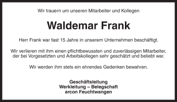 Traueranzeige von Waldemar Frank von Dinkelsbühl/ Feuchtwangen