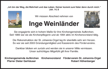 Traueranzeige von Inge Weinländer von Dinkelsbühl/ Feuchtwangen