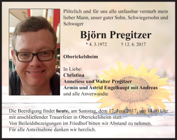 Traueranzeige von Björn Pregitzer von Neustadt/ Scheinfeld/ Uffenheim