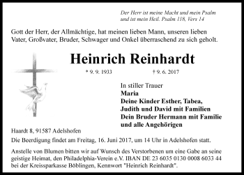 Traueranzeige von Heinrich Reinhardt von Rothenburg