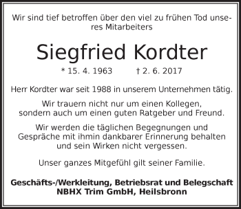 Traueranzeige von Siegfried Kordter von Ansbach