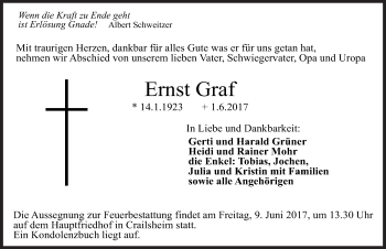 Traueranzeige von Ernst Graf von Dinkelsbühl/ Feuchtwangen