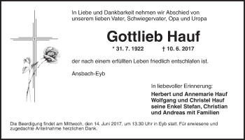 Traueranzeige von Gottlieb Hauf von Ansbach