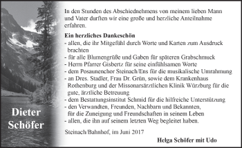 Traueranzeige von Dieter Schöfer von Neustadt/ Scheinfeld/ Uffenheim
