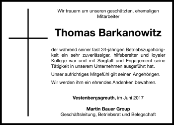 Traueranzeige von Thomas Barkanowitz von Neustadt/ Scheinfeld/ Uffenheim