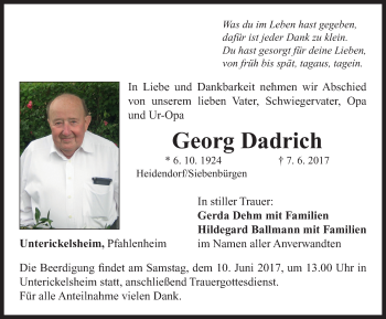 Traueranzeige von Georg Dadrich von Neustadt/ Scheinfeld/ Uffenheim