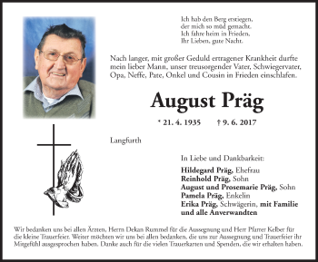 Traueranzeige von August Präg von Dinkelsbühl/ Feuchtwangen