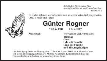 Traueranzeige von Günter Rogner von Ansbach