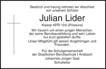 Traueranzeige von Julian Lider von Ansbach