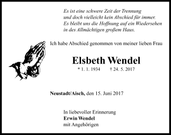 Traueranzeige von Elsbeth Wendel von Neustadt/ Scheinfeld/ Uffenheim