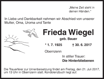 Traueranzeige von Frieda Wiegel von Ansbach