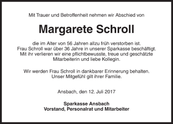 Traueranzeige von Margarete Schroll von Ansbach