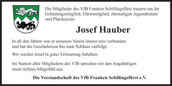 Traueranzeige von Josef Hauber von Rothenburg