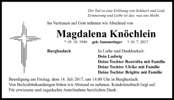 Traueranzeige von Magdalena Knöchlein von Neustadt/ Scheinfeld/ Uffenheim