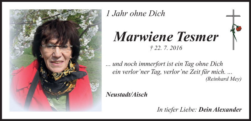  Traueranzeige für Marwiene Tesmer vom 22.07.2017 aus Neustadt/ Scheinfeld/ Uffenheim