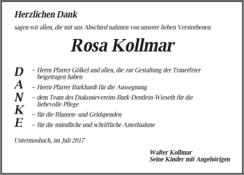 Traueranzeige von Rosa Kollmar von Dinkelsbühl/ Feuchtwangen