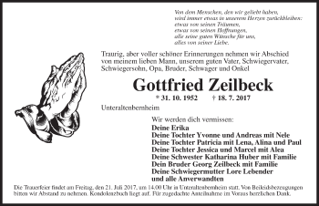 Traueranzeige von Gottfried Zeilbeck von Ansbach