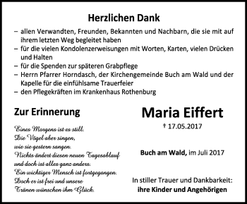 Traueranzeige von Maria Eiffert von Rothenburg