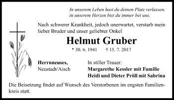 Traueranzeige von Helmut Gruber von Neustadt/ Scheinfeld/ Uffenheim