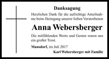 Traueranzeige von Anna Webersberger von Neustadt/ Scheinfeld/ Uffenheim