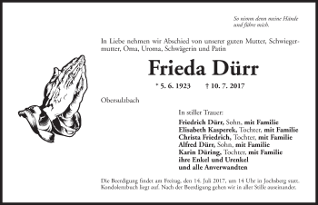 Traueranzeige von Frieda Dürr von Ansbach