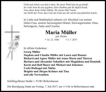 Traueranzeige von Maria Müller von Rothenburg