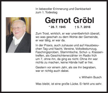 Traueranzeige von Gernot Gröbl von Dinkelsbühl/ Feuchtwangen