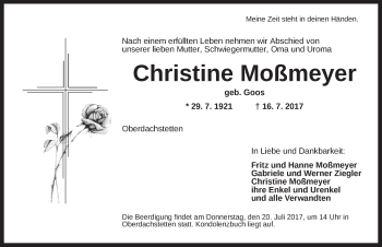 Traueranzeige von Christine Moßmeyer von Ansbach