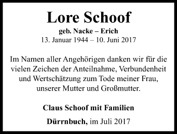 Traueranzeige von Lore Schoof von Neustadt/ Scheinfeld/ Uffenheim