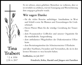 Traueranzeige von Tina Trabert von Neustadt/ Scheinfeld/ Uffenheim