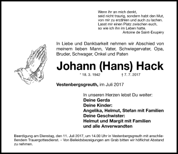 Traueranzeige von Johann Hack von Neustadt/ Scheinfeld/ Uffenheim