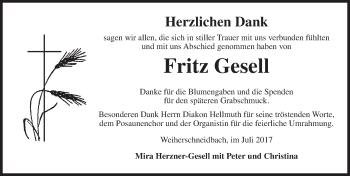 Traueranzeige von Fritz Gesell von Ansbach