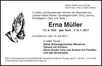 Traueranzeige von Erna Müller von Dinkelsbühl/ Feuchtwangen