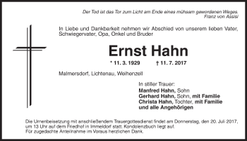 Traueranzeige von Ernst Hahn von Ansbach