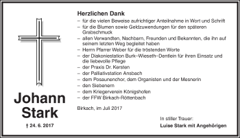 Traueranzeige von Johann Stark von Dinkelsbühl/ Feuchtwangen