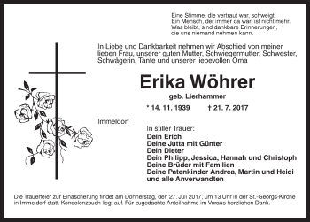 Traueranzeige von Erika Wöhrer von Ansbach