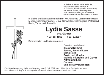 Traueranzeige von Lydia Sasse von Ansbach