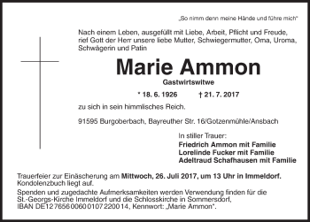 Traueranzeige von Marie Ammon von Ansbach