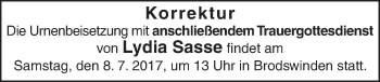 Traueranzeige von Lydia Sasse von Ansbach