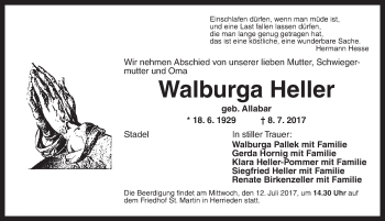 Traueranzeige von Walburga Heller von Ansbach