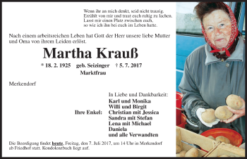 Traueranzeige von Martha Krauß von Ansbach