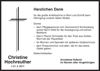 Traueranzeige von Christine Hochreuther von Ansbach