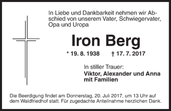 Traueranzeige von Iron Berg von Ansbach