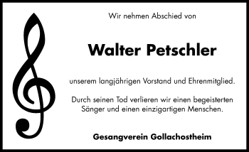 Traueranzeige von Walter Petschler von Neustadt/ Scheinfeld/ Uffenheim