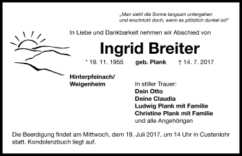 Traueranzeige von Ingrid Breiter von Neustadt/ Scheinfeld/ Uffenheim