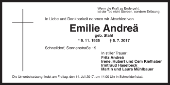 Traueranzeige von Emilie Andreä von Dinkelsbühl/ Feuchtwangen