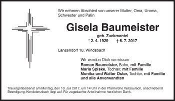 Traueranzeige von Gisela Baumeister von Ansbach