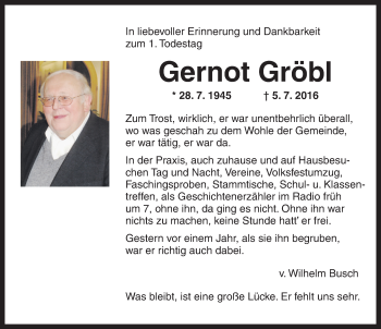 Traueranzeige von Gernot Gröbl von Ansbach