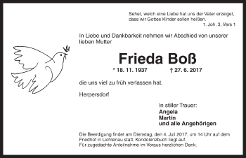 Traueranzeige von Frieda Boß von Ansbach